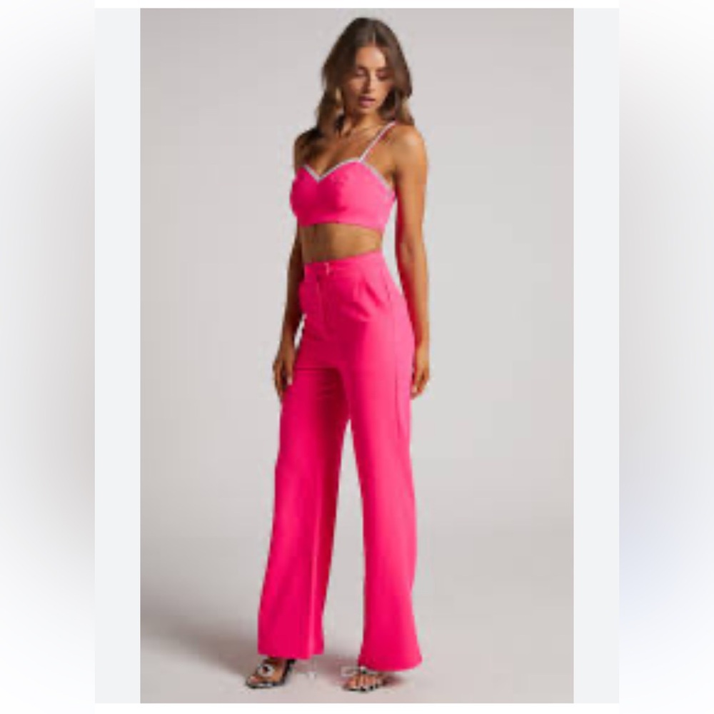 Hot Pink Two-Piece Set | Rhinestone Trim Crop Top & Wide Leg Pants | US 6